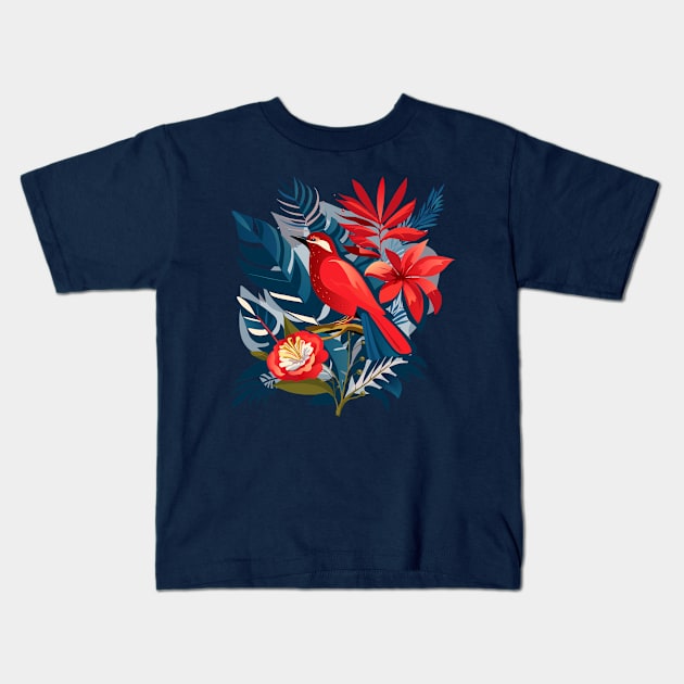 Red bird and exotic flowers Christmas decoration floral Boho chic design Kids T-Shirt by sofiartmedia